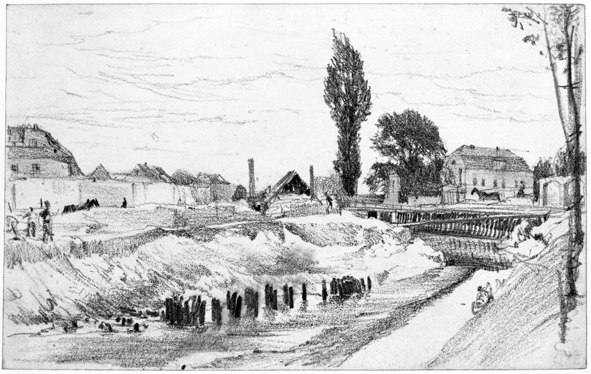 Berliner Vorstadtlandschaft mit Wehr, Pappel und einzelnen Häusern