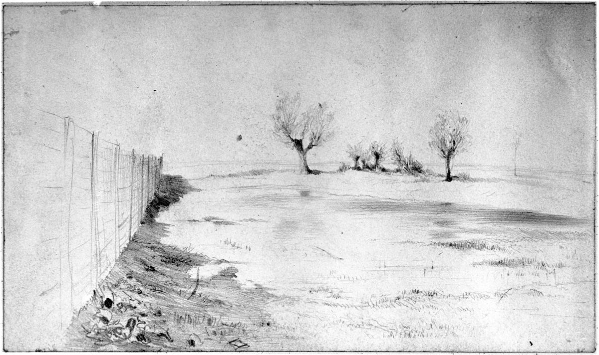 Landschaft mit Bretterzaun und Weiden am Wasser