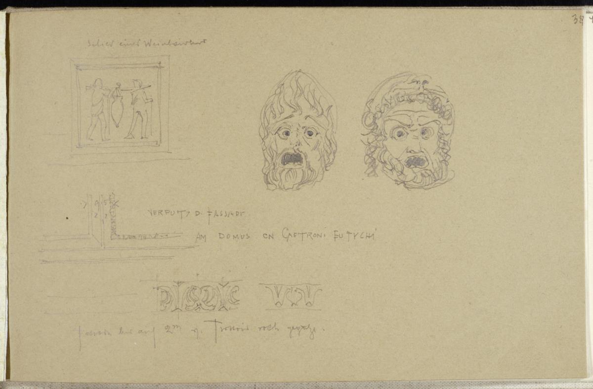 Pompei, Schild eines Weinhändlers, zwei Theatermasken , Architekturdetails