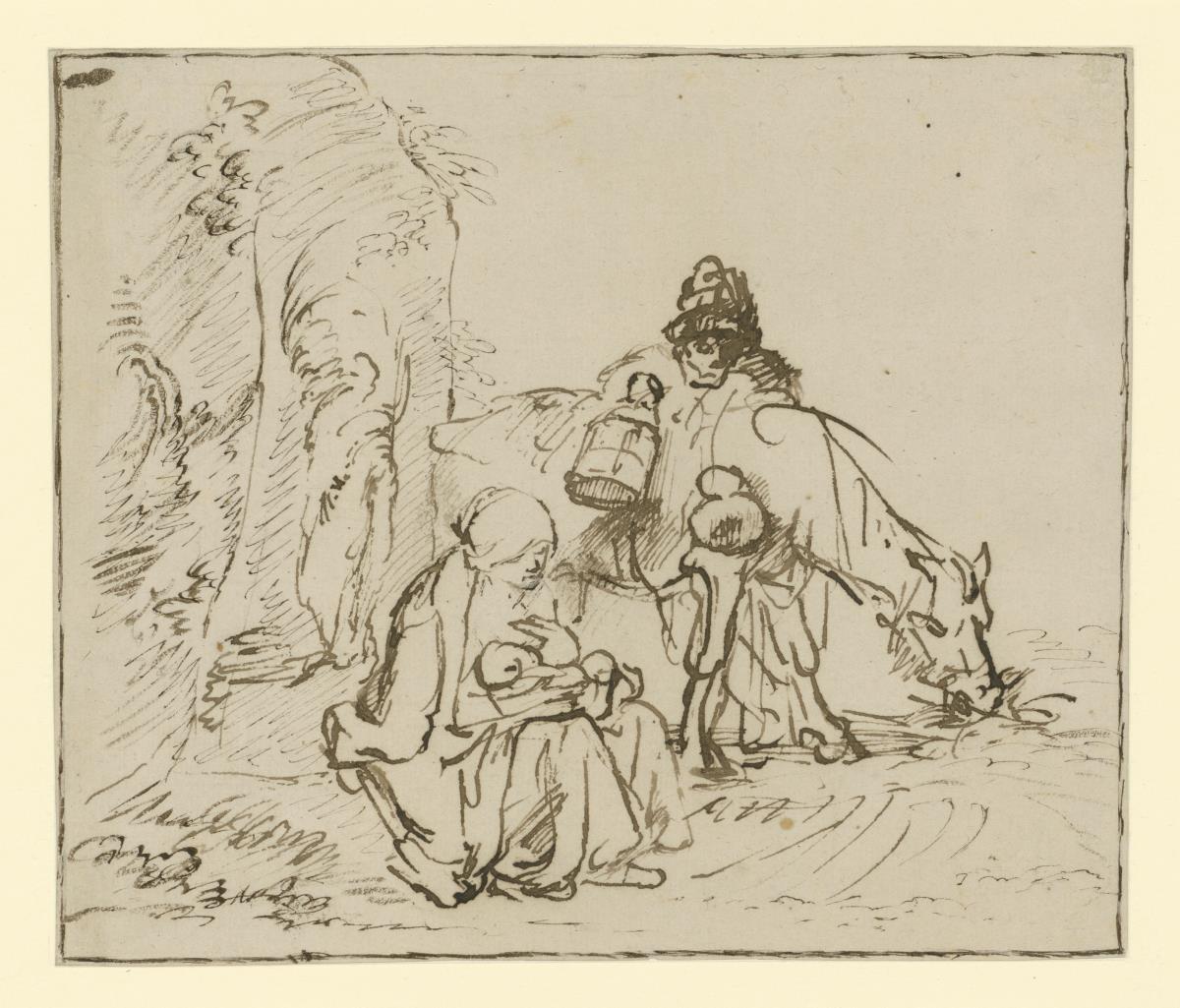 Flucht nach Ägypten, Maria am Fuße eines Baumes sitzend, rechts dahinter steht Joseph mit dem Esel