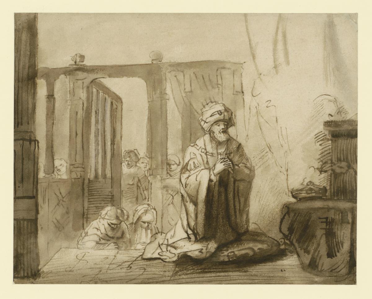 Fürst im Gebet vor einem Altar, von dem Rauch aufsteig, links hinter ihm, tiefer stehend, zwei betende Frauen, weiter zurück, hinter einer Art Lettner, mehrere Zuschauer