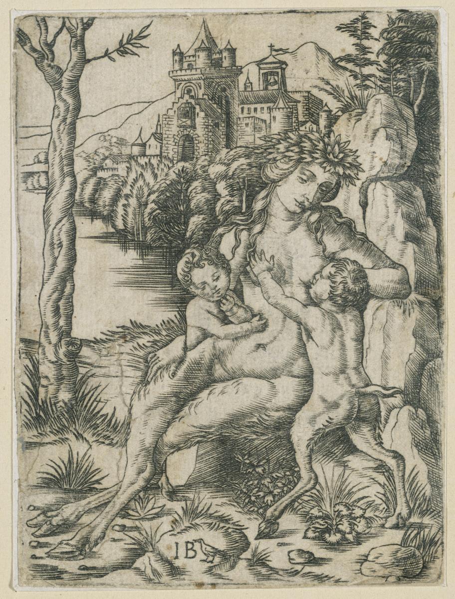 Eine Satyressa in einer Landschaft mit ihren beiden Kindern, im Hintergrund eine Burg