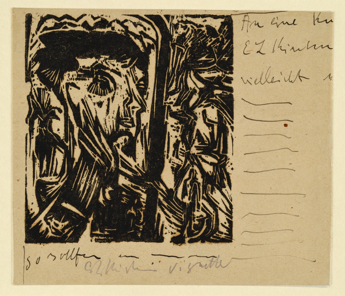Kopf vor Landschaft mit Figuren, Vignette
