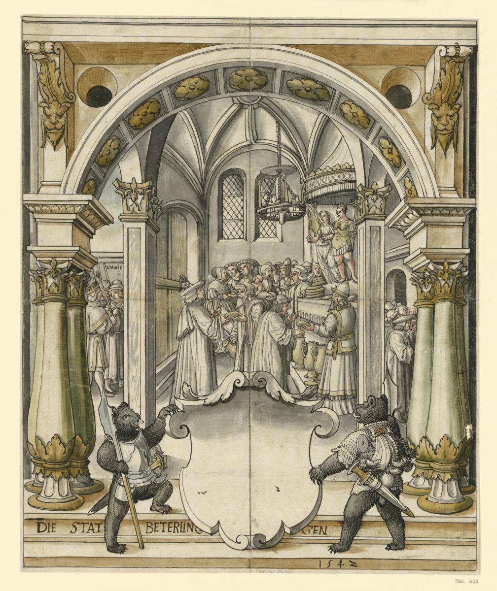 Riss für eine Wappenscheibe, Nebukadnezar bewirtet seinen Hof nach Daniel 5