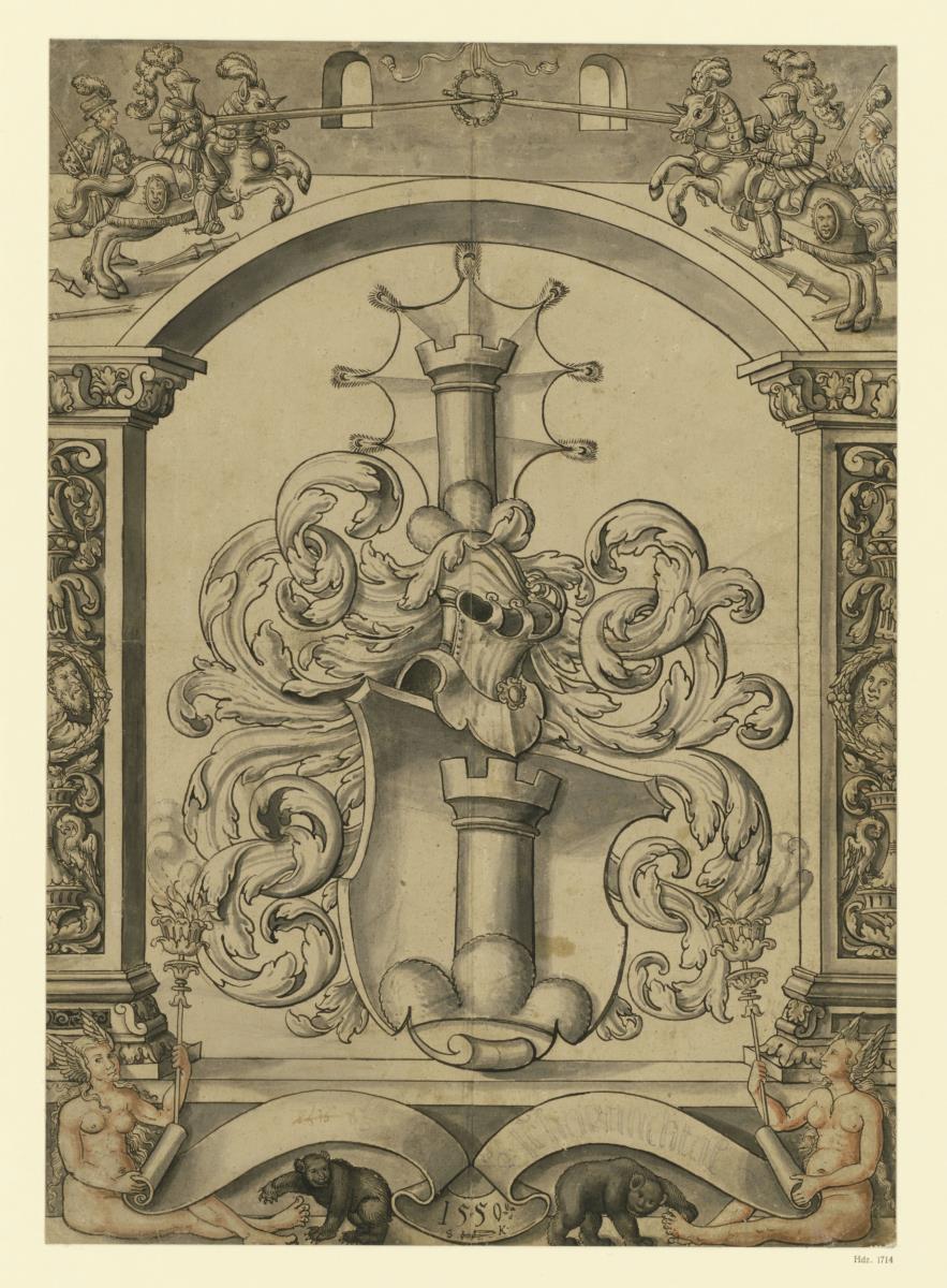 Ein Wappen mit Zinnenturm auf drei Kuppen