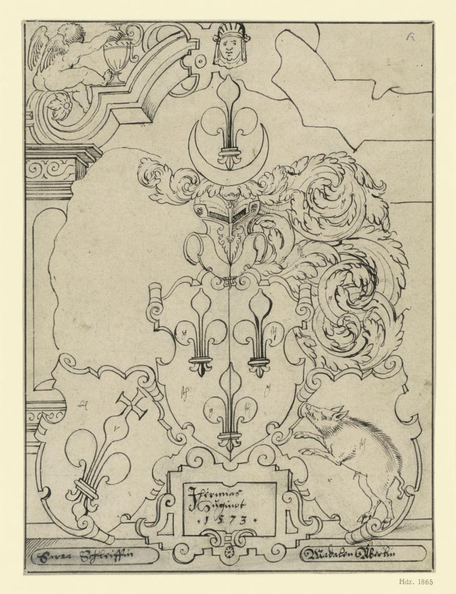 Dreifaches Wappen mit Lilien und einem Eber