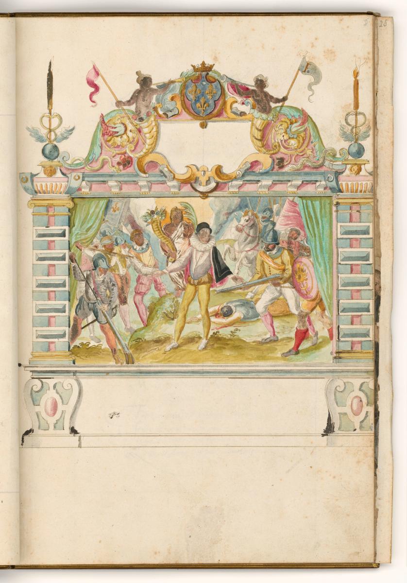 Ein jugendlicher Fürst tritt versöhnend zwischen zwei kämpfende Heere, hinter ihm die Friedensgöttin mit Füllhorn und Palme. in: Einzug des Herzogs von Anjou in Gent am 20. August 1582