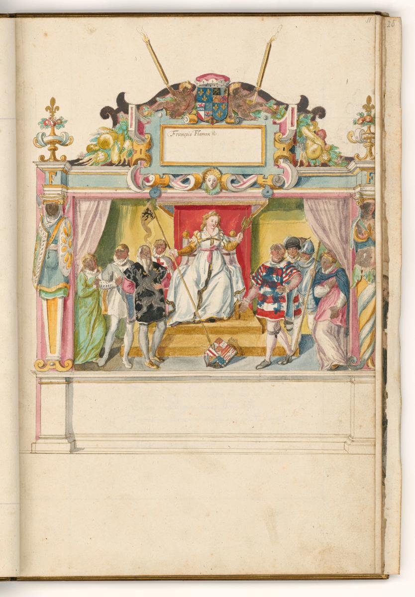 Auf einer Bühne auf einem Thron die Gestalt des französischen Flandern zwischen den Herren von Gent und Brügge, den Ständen sowie zwei Allegorien. in: Einzug des Herzogs von Anjou in Gent am 20. August 1582