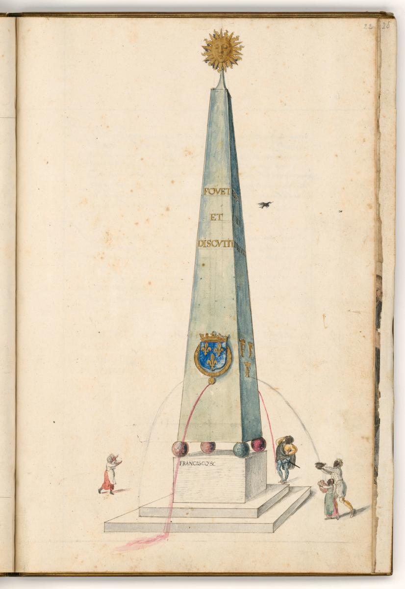 Ein Obelisk  mit einer goldenen Strahlensonne an der Spitze, aus dennen vier Seiten Wein herausspritzt. in: Einzug des Herzogs von Anjou in Gent am 20. August 1582