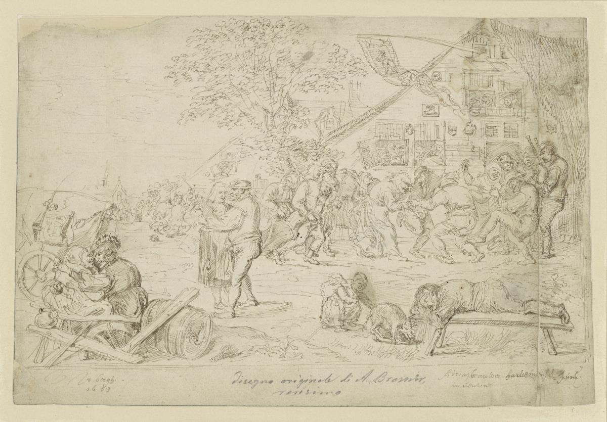 Tanzende Bauern vor der Schenke