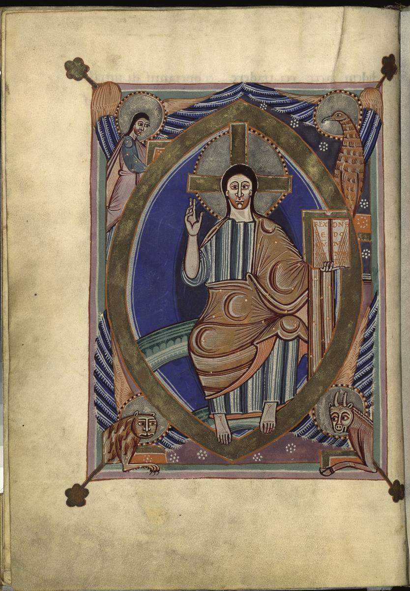 Evangeliar aus dem Abdinghofkloster Sankt Peter und Paul in Paderborn. Majestas Domini. Christus thronend in der Mandorla