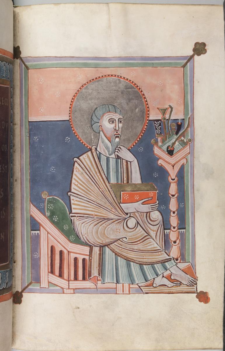 Evangeliar aus dem Abdinghofkloster Sankt Peter und Paul in Paderborn. Der Evangelist Johannes vor dem Schreibpult.