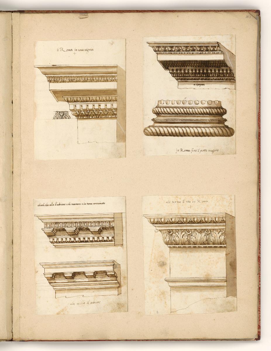 Gesims; Gesims und Säulenbasis; zwei Konsolengesimse; Gesims