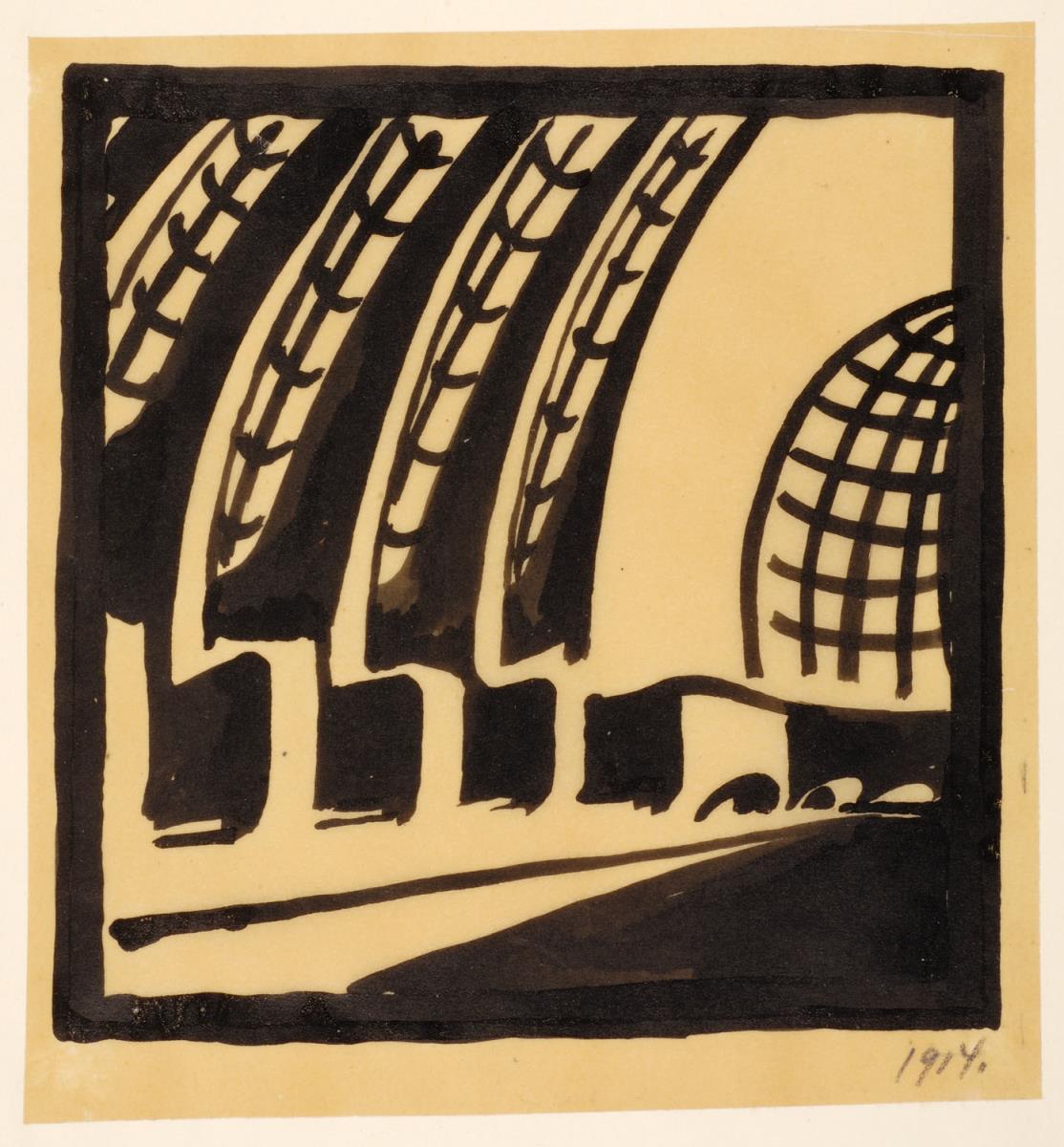 "Variationen zu einem Hallenthema" und anderes. Skizze für eine Ausstellungshalle in Eisenbeton - Innenraumperspektive
