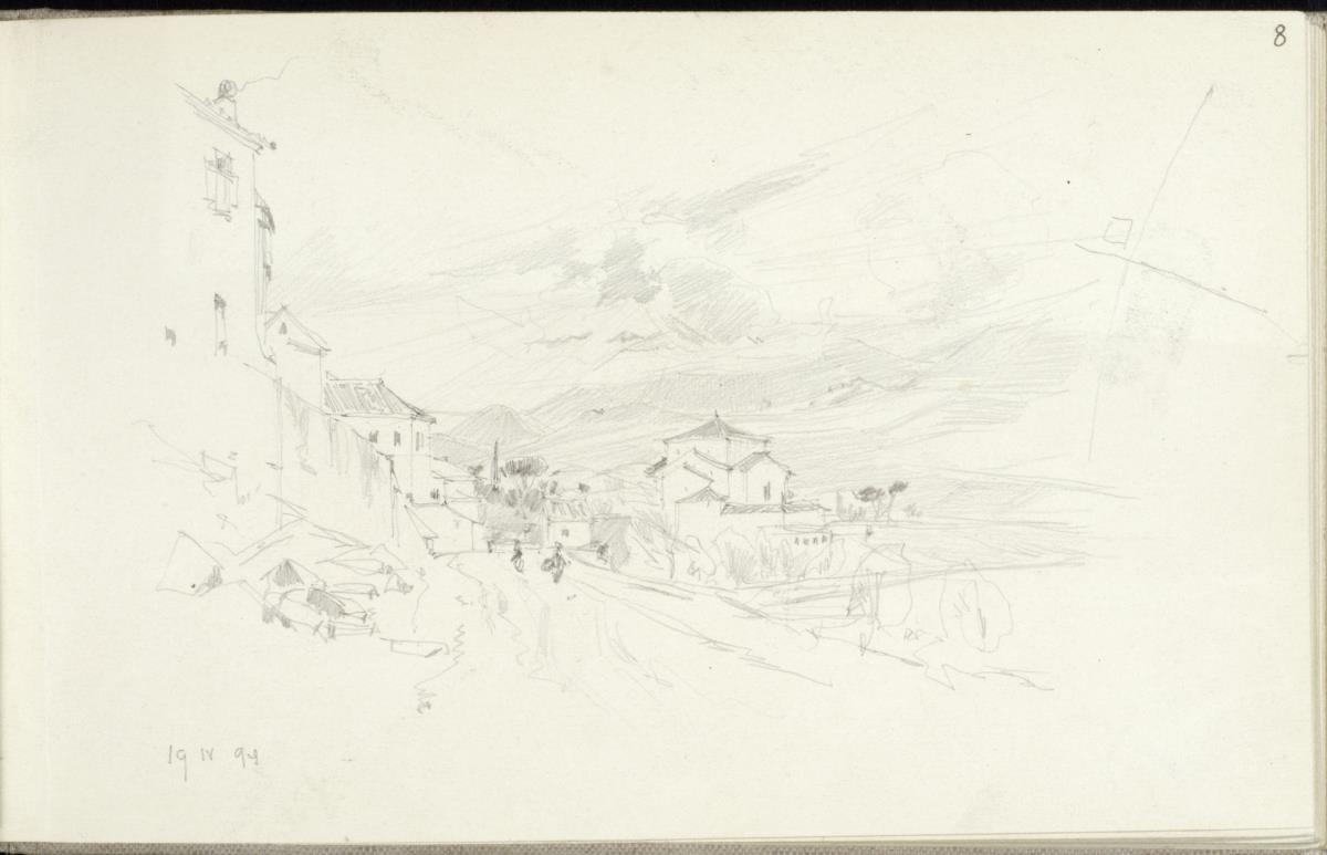 Reiseskizze Ansicht auf eine Stadt vor einem Bergmassiv Benevent