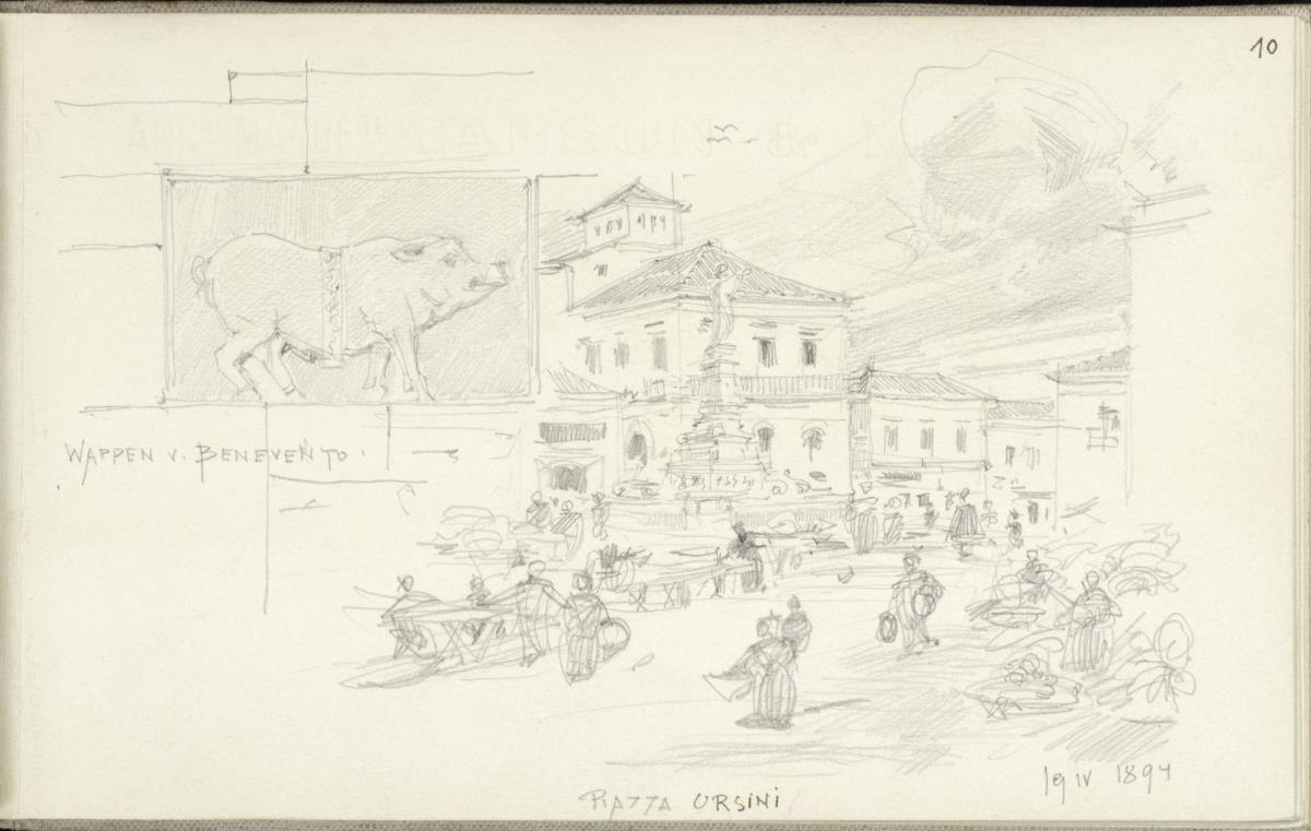 Benevent, Stadtansicht mit der Piazza Ursini, o.l. Stadtwappen mit Wildschwein von Benevent