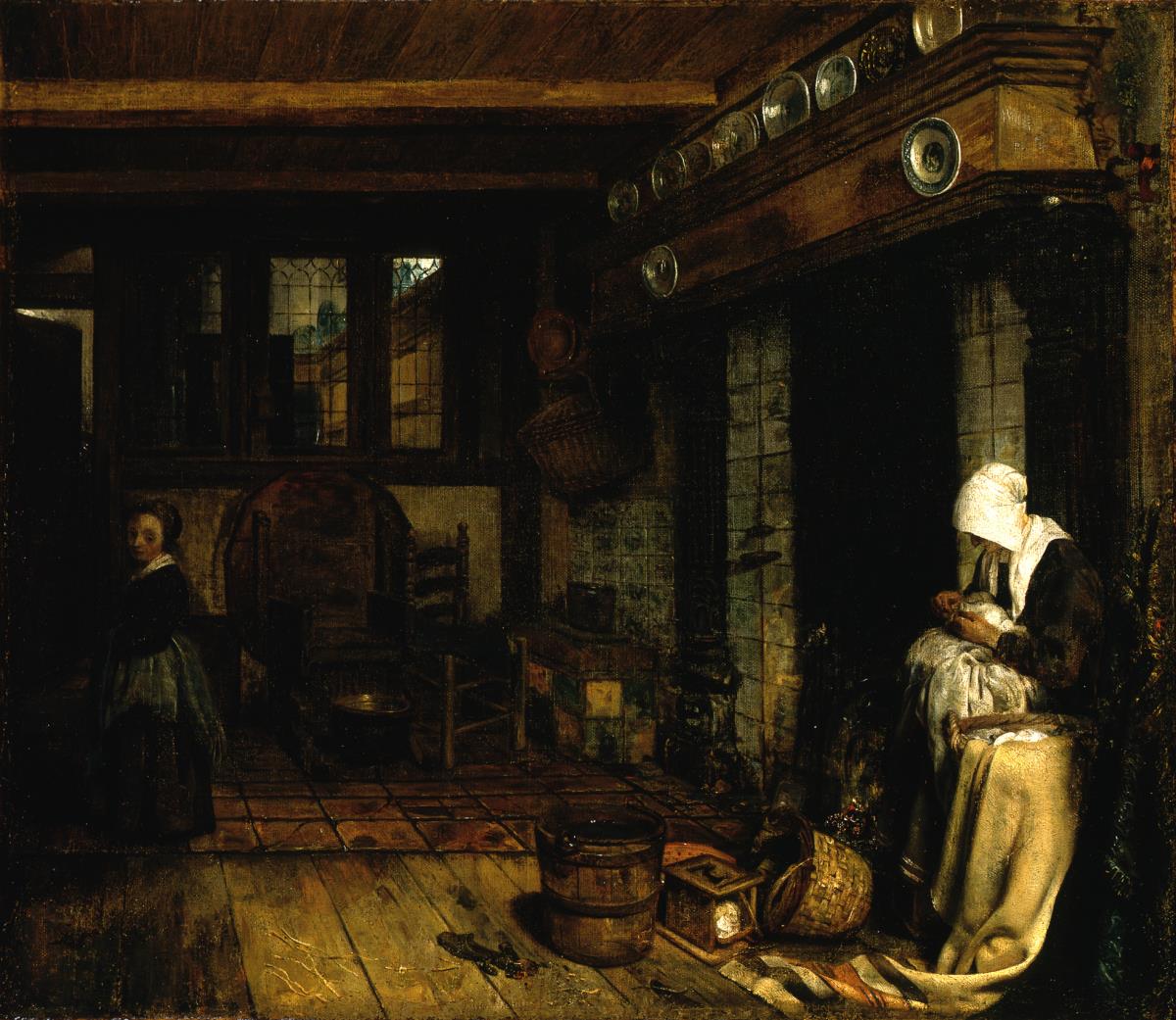 Holländisches Interieur mit nähender Frau