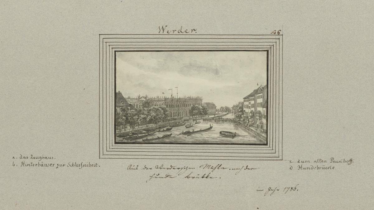 Werder. Haus der Werderschen Mühle nach der Hunde Brükke. im Jahr 1786.