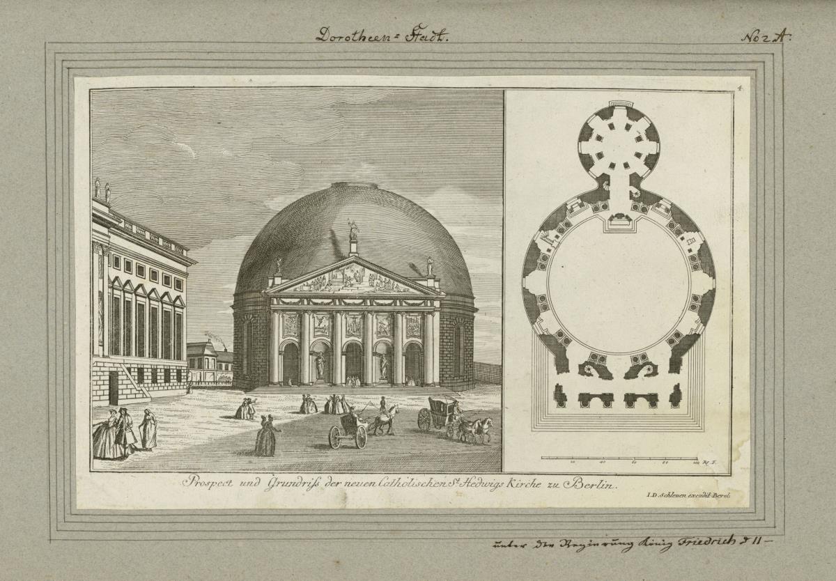 Dorotheen-Stadt. Prospect und Grundriß der neuen Catholischen St. Hedwigs Kirche zu Berlin. unter der Regierung König Friedrich d II -