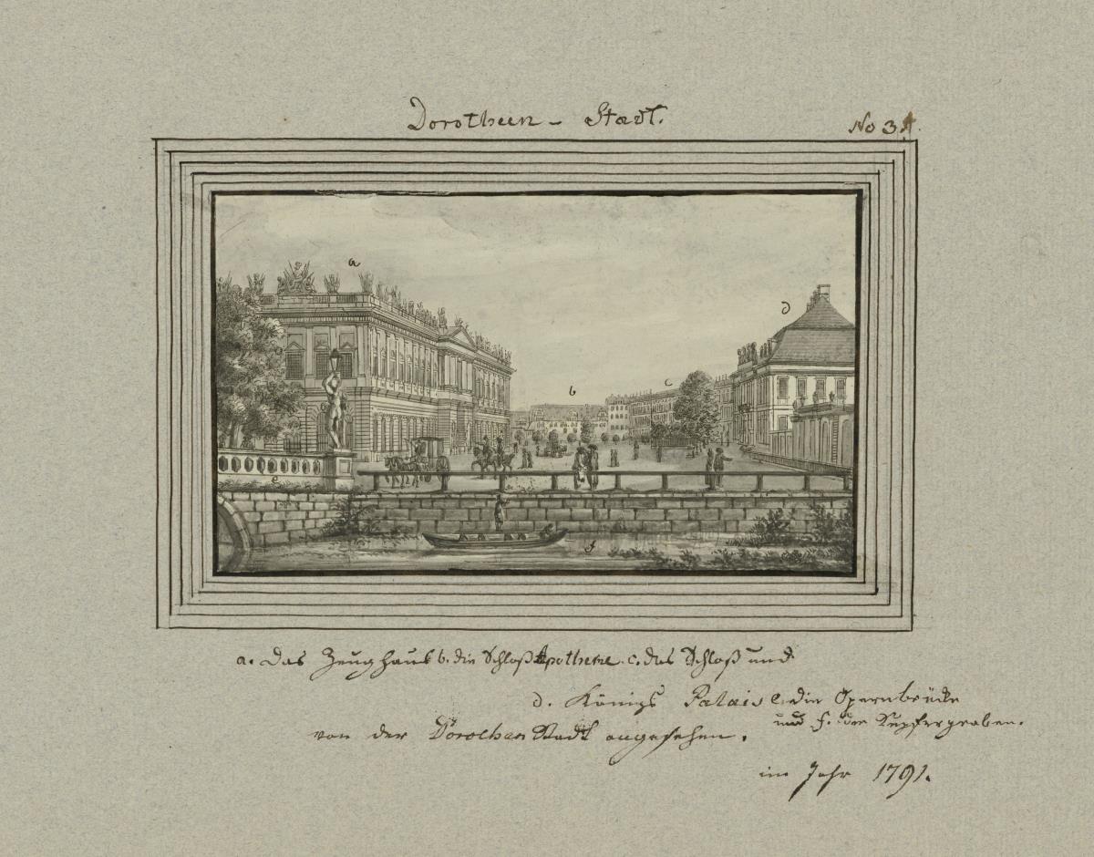 Dorotheen-Stadt. a. Das Zeughaus b. die Schloss Apotheke c. das Schloss und d. königl Palais e. die Opernbrücke und f. der Kupfergraben von der Dorothen Stadt angesehen. im Jahr 1791.