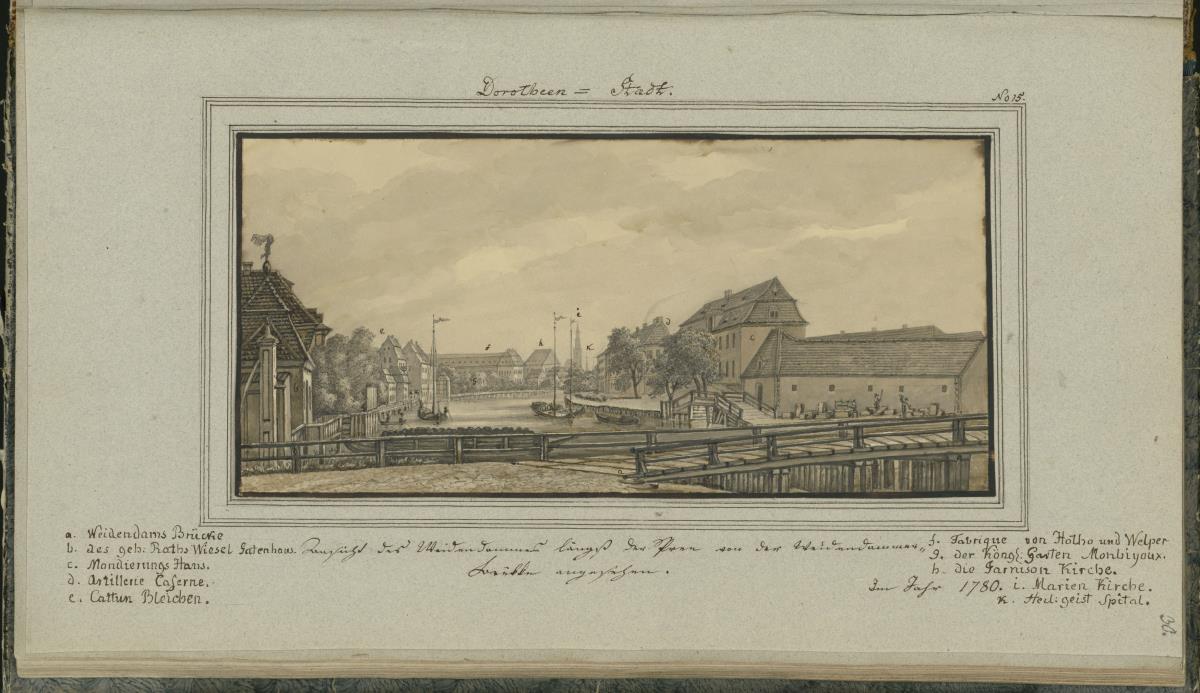 Dorotheen-Stadt. Ansicht des Weidendammes längst der Spree von der Weidendammer Brükke angesehen im Jahr 1780