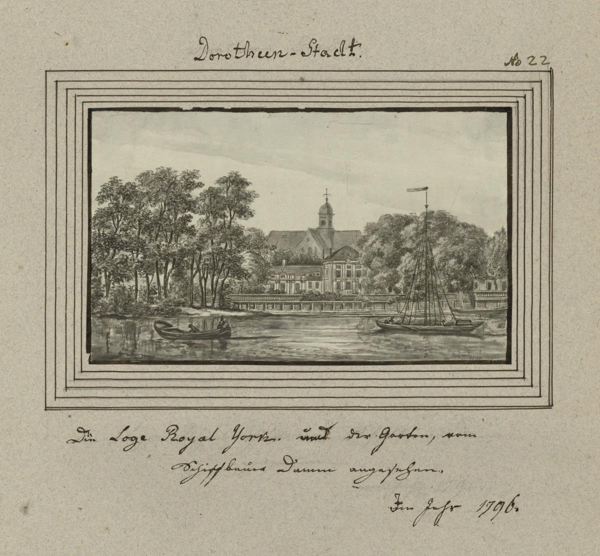 Dorotheen-Stadt. Die Loge Royal York und der Garten, vom Schiffbauer Damm angesehen. Im Jahr 1796.