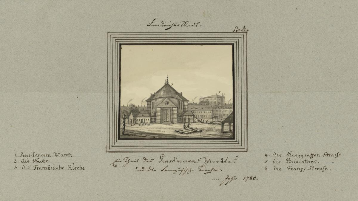 Friedrichs-Stadt. Ein Theil des Gensd'armen - Marcktes und die französische Kirche. im Jahr 1780