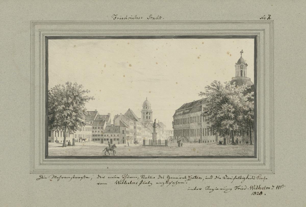 Friedrichs-Stadt. Die Mohrenstraße, der neue Thurm, Statue des General Zieten, und die Dreifaltigkeits Kirche vom Wilhelms Platz angesehen. unter Regierung Fried. Wilhelm d III. 1828.