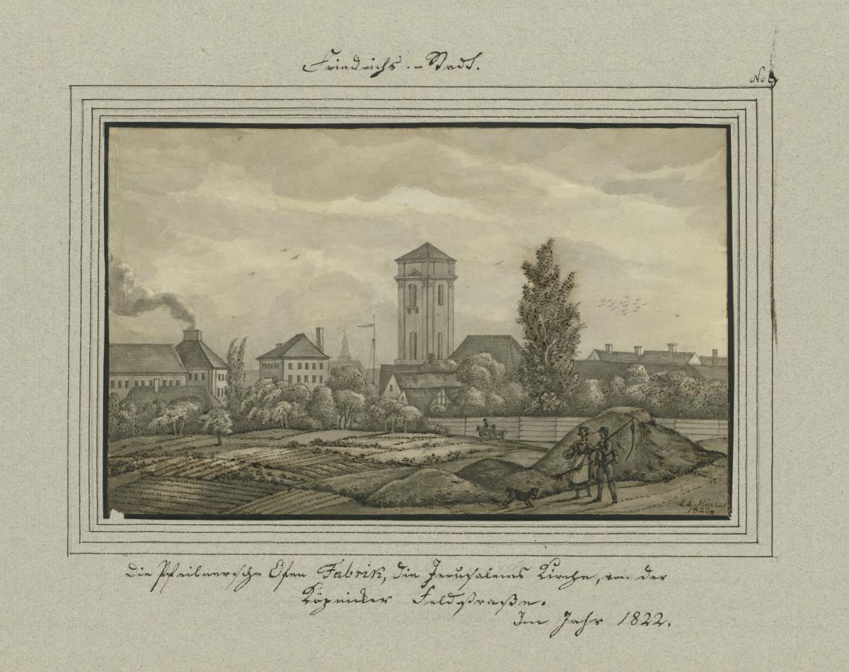 Friedrichs-Stadt. Die Pfeilnersche Ofen Fabrik, die Jerusalemer Kirche, von der (?)icker Feldstraße. im Jahr 1822