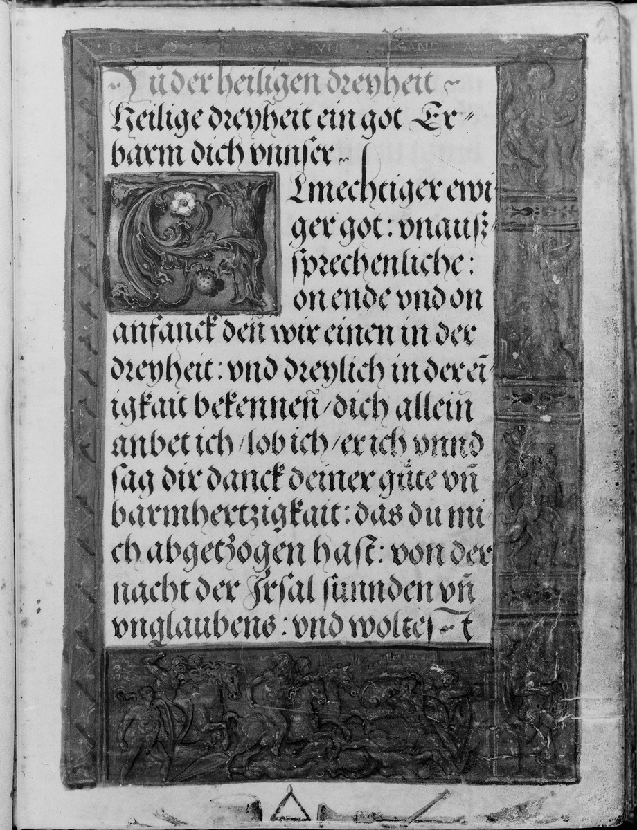 Gebetbuch des Matthäus Schwarz. Textseite, Randfelder mit Kampfszene und mythologischen Szenen