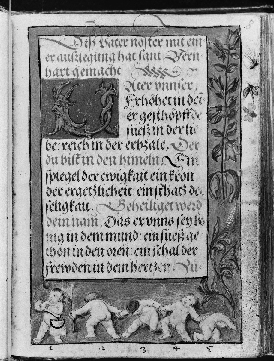 Gebetbuch des Matthäus Schwarz. Textseite Vater Unser, in der Umrandung fünf Putti, numeriert 1-5