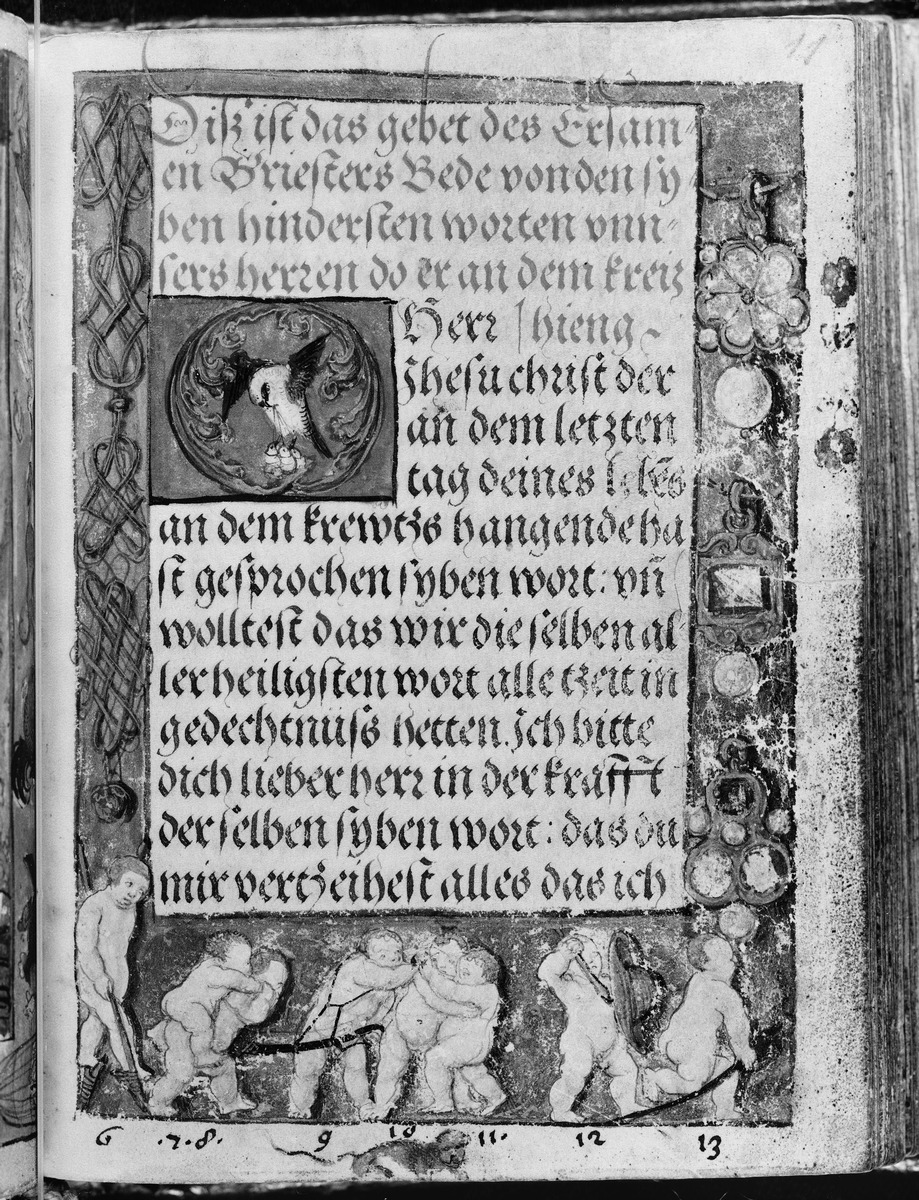 Gebetbuch des Matthäus Schwarz. Textseite, in der Umrandung acht Putti, numeriert 7-13