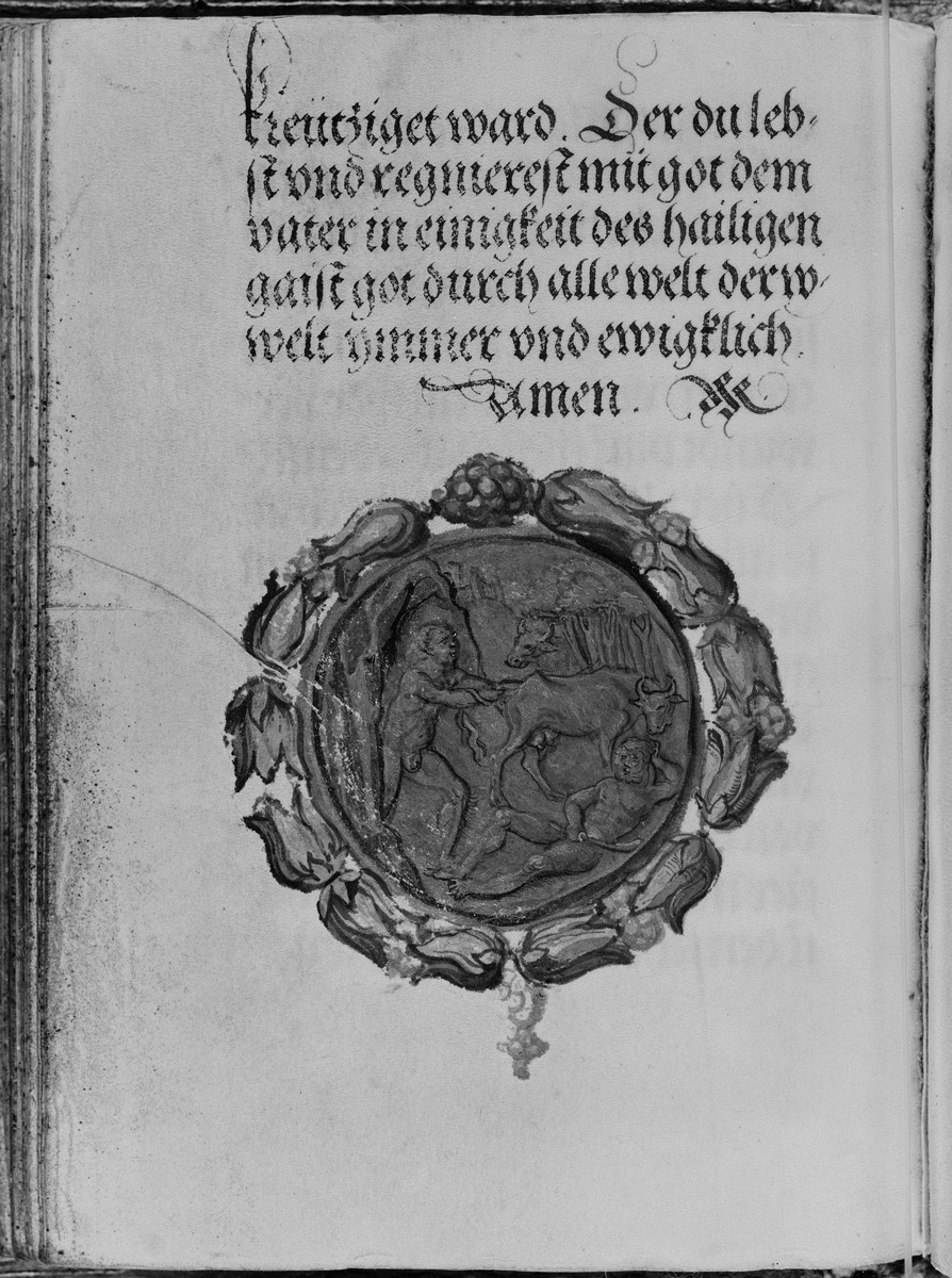 Gebetbuch des Matthäus Schwarz. Mythologische Szene im Rund einer Medaille umgeben von floralem Schmuckband