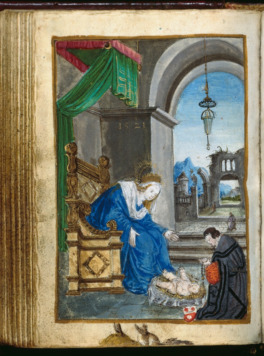Gebetbuch des Matthäus Schwarz. Anbetung des Kindes und Maria durch einen Geistlichen