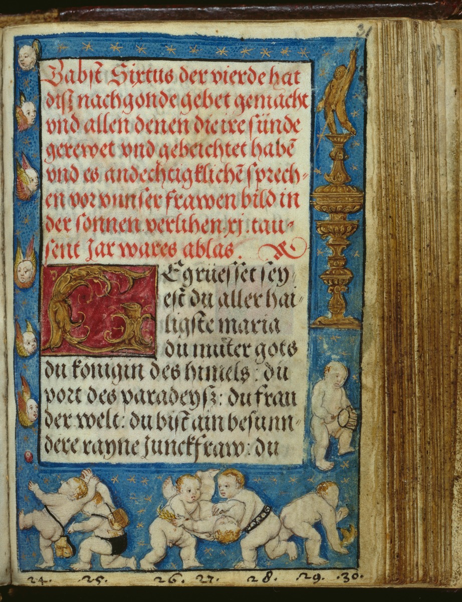 Gebetbuch des Matthäus Schwarz. Schriftblatt mit Initiale G und Umrandung mit Putten und Engelsköpfen