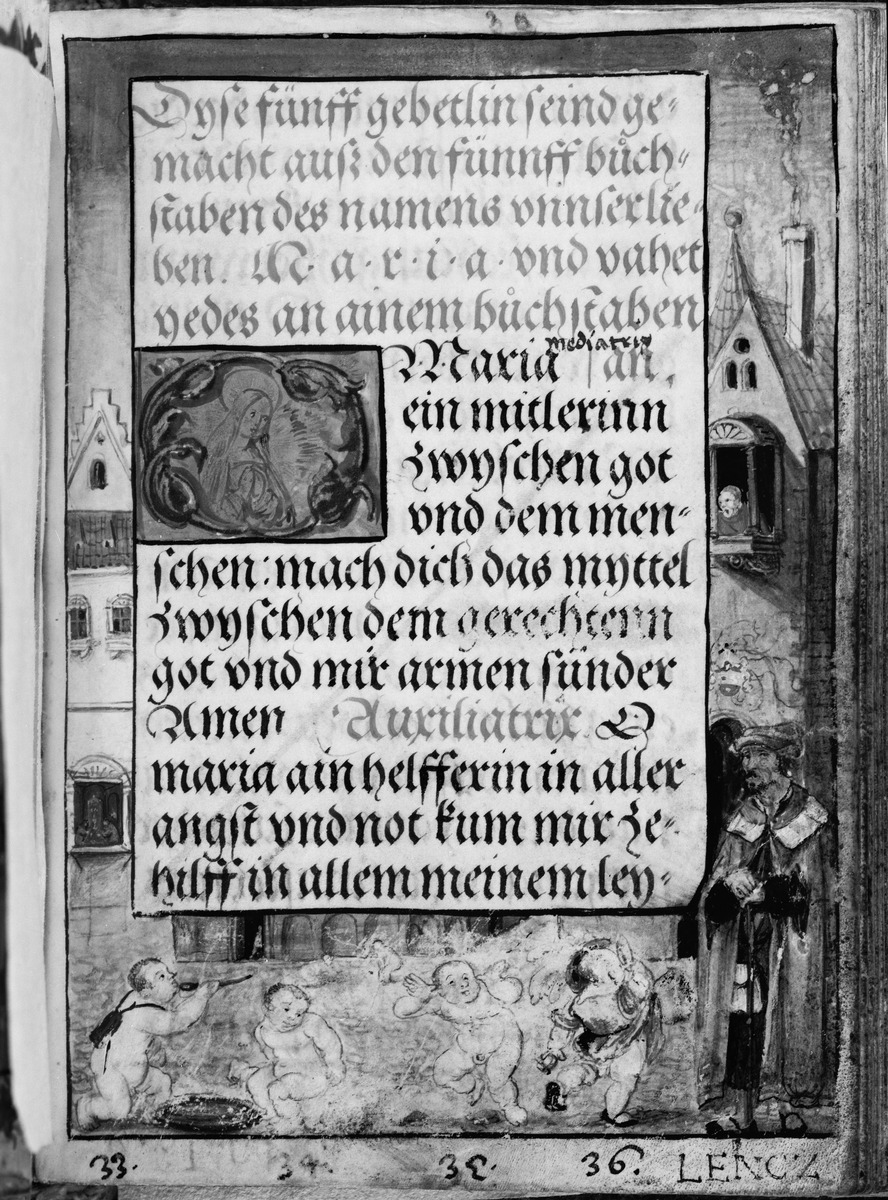 Gebetbuch des Matthäus Schwarz. Textseite, in der Umrandung vier Putti, numeriert 33-36, sowie Häuser einer Stadt und Figur (Lencz)