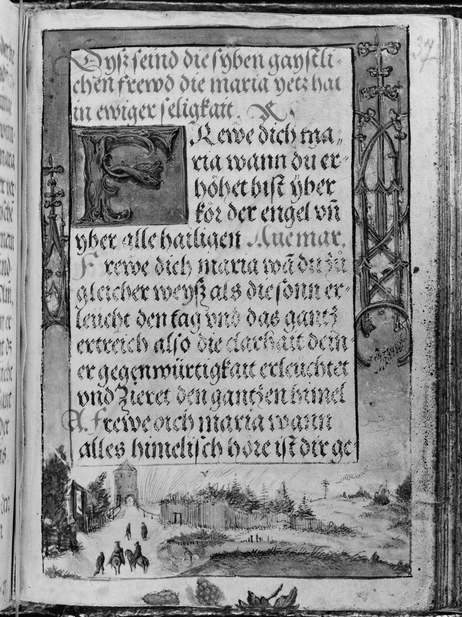 Gebetbuch des Matthäus Schwarz. Textseite, in der Umrandung Landschaft mit Reitern und gotischenm Maßwerkschmuck