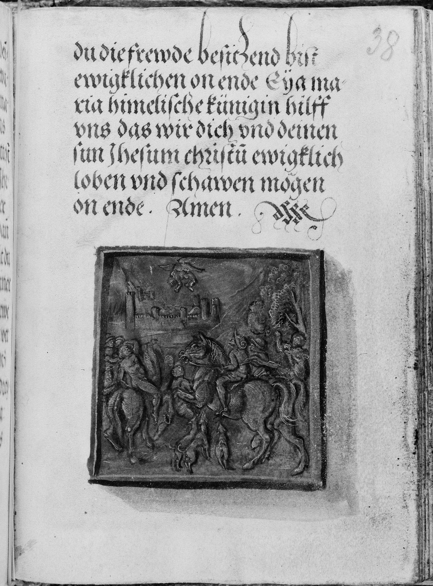 Gebetbuch des Matthäus Schwarz. Text und mythologische Szene auf einer quadratischen Platte