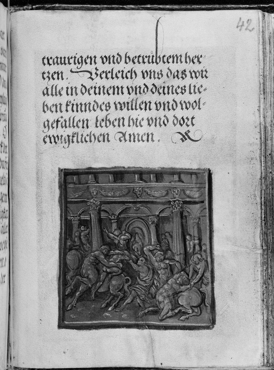 Gebetbuch des Matthäus Schwarz. Text und mythologische Szene auf einer quadratischen Platte