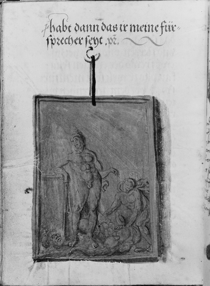 Gebetbuch des Matthäus Schwarz. Text und mythologische Szene auf einer rechteckigen Platte