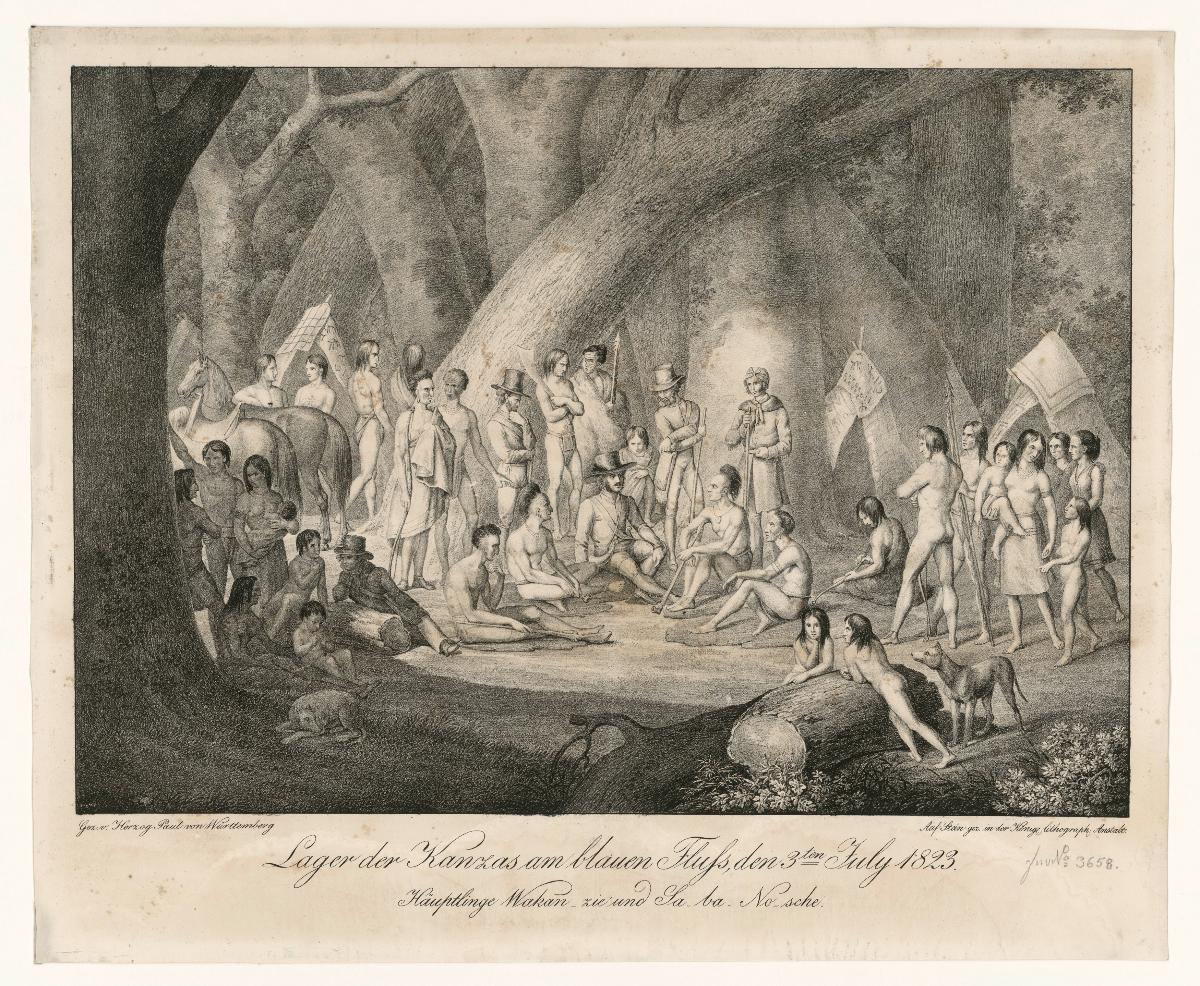Lager der Kanzas am blauen Fluss, den 3ten July 1823. Häuptlinge Wakan_zie und Sa_ba_No_sche.