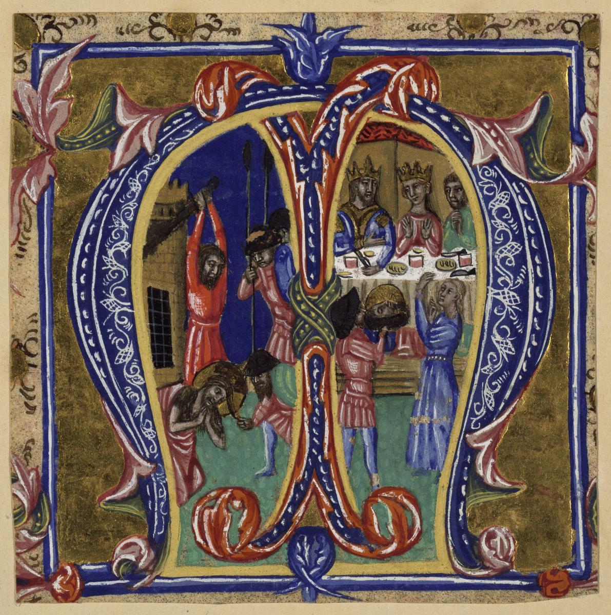 Initiale M, darin die Enthauptung Johannes des Täufers und Salome vor der Tafel des Herodes