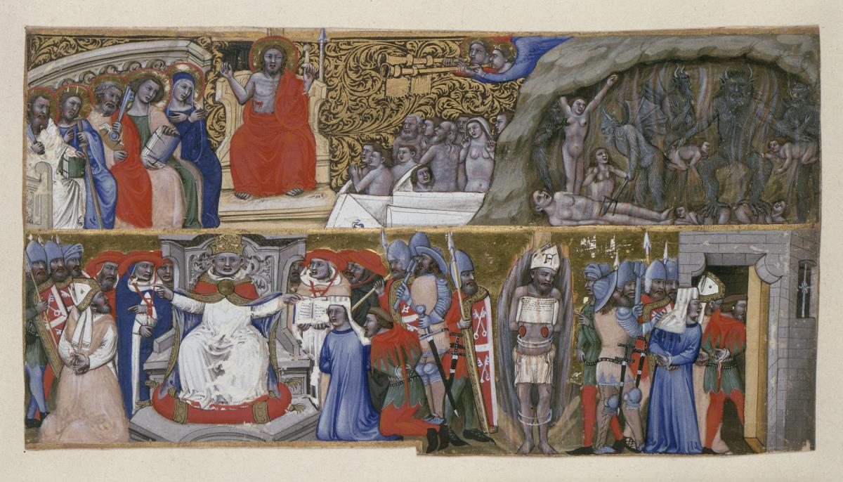 Ausschnitt aus einer Dekretalienhandschrift Gregors IX.: Christus als Richter beim Jüngsten Gericht - der Papst als Richter über Ketzer