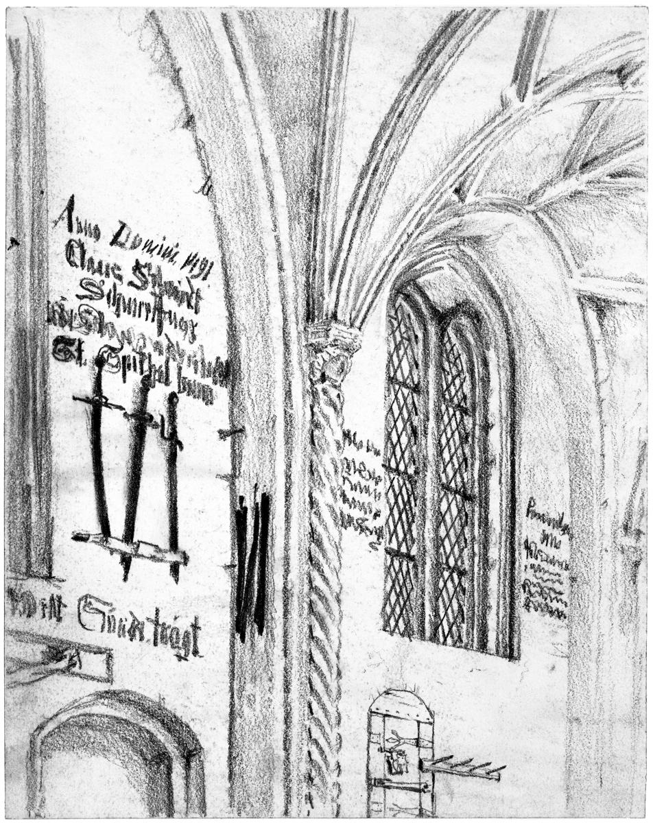 Kirchenwand mit Fenster, Inschriften und Schwertern in der katholischen Pfarrkirche St. Martin in Jauer