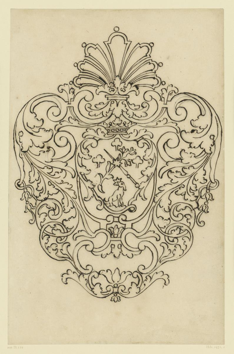 Goldschmiedeentwurf, Beschlag mit gekröntem Wappen