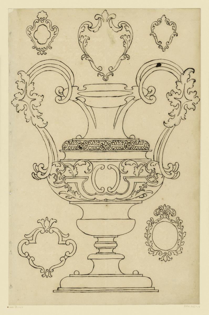 Goldschmiedeentwurf, große Vase, fünf Kartuschen