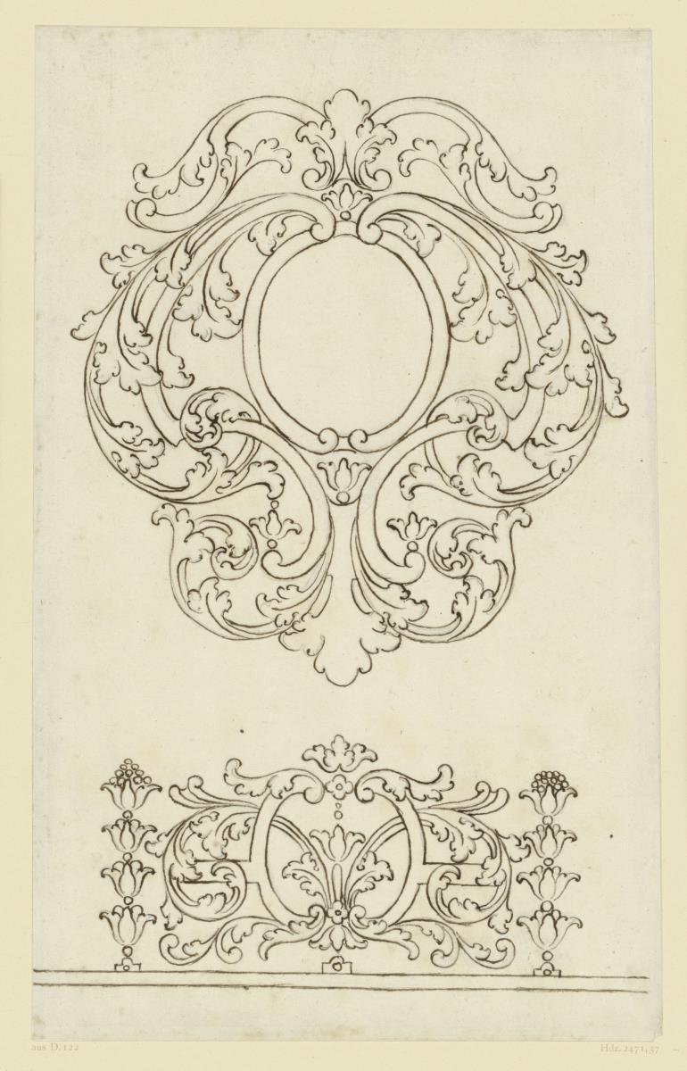 Goldschmiedeentwurf, große Kartusche, stehendes Randornament