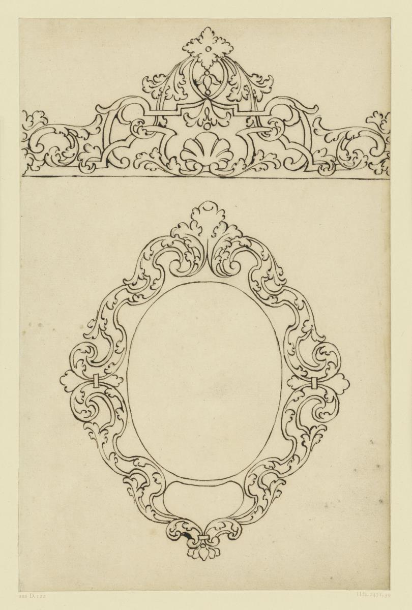 Goldschmiedeentwurf, stehendes Randornament, Kartusche