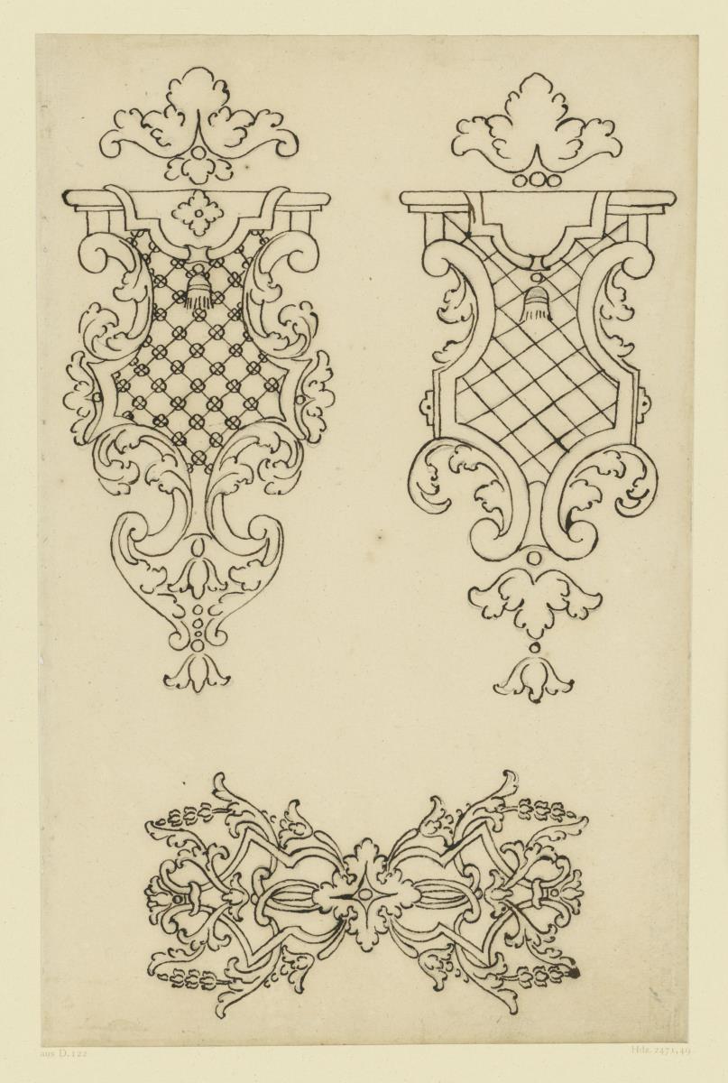 Goldschmiedeentwurf, zwei hängende Ornament, Beschlag