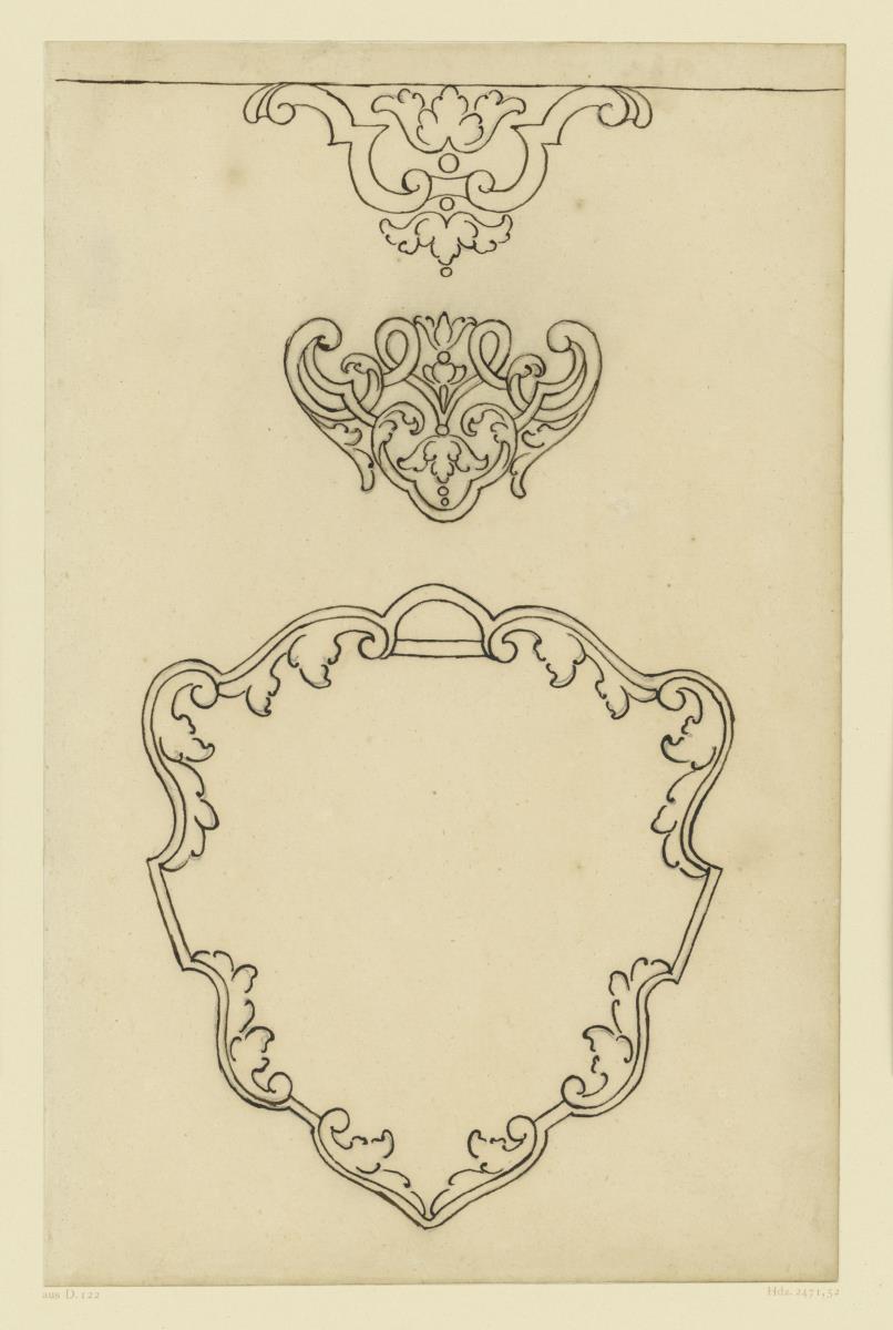 Goldschmiedeentwurf, Randornament, Beschlag, Kartusche